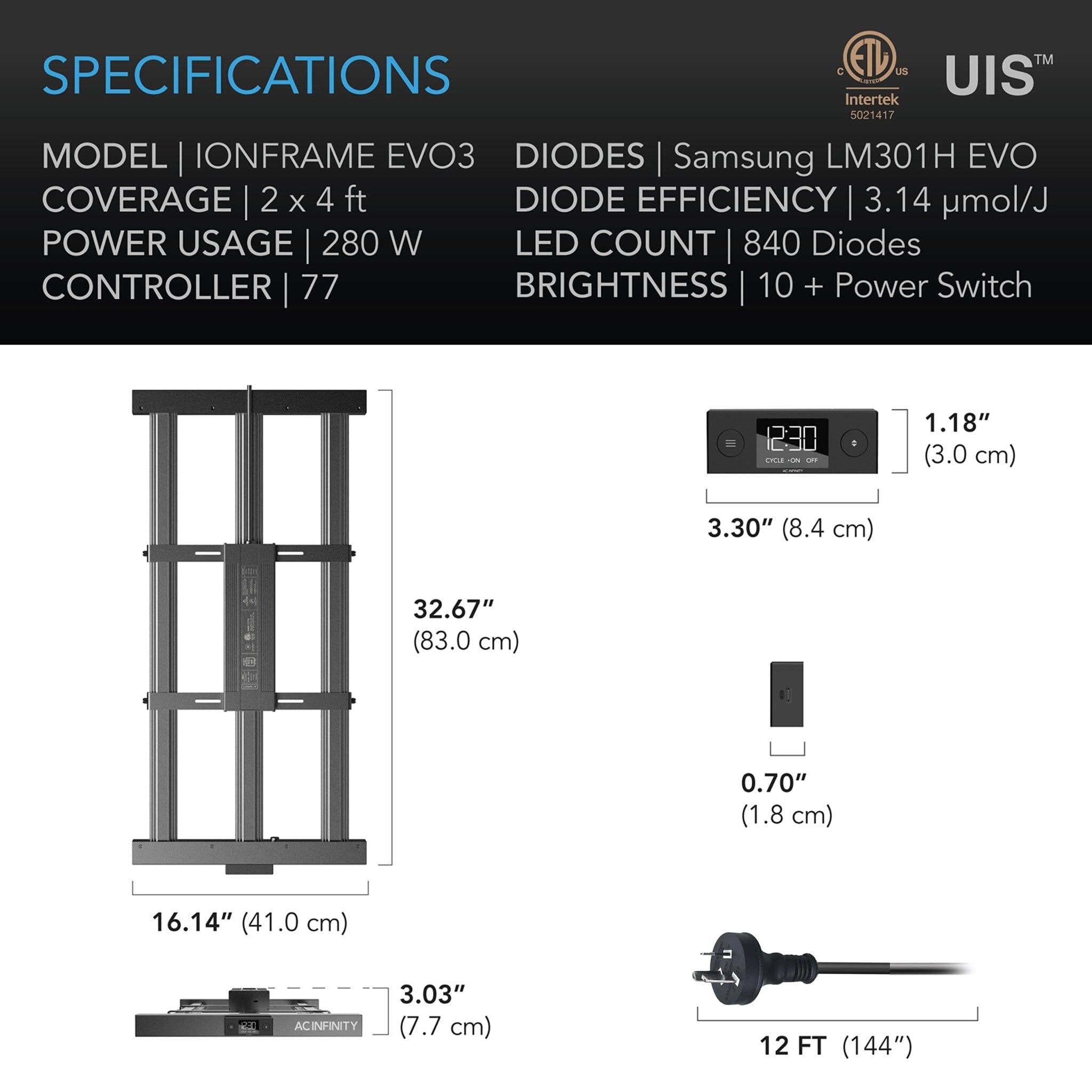 AC Infinity Ionframe EVO3, Samsung LM301H EVO 280 Watt, 2x4 Ft or 60x120 cm flower